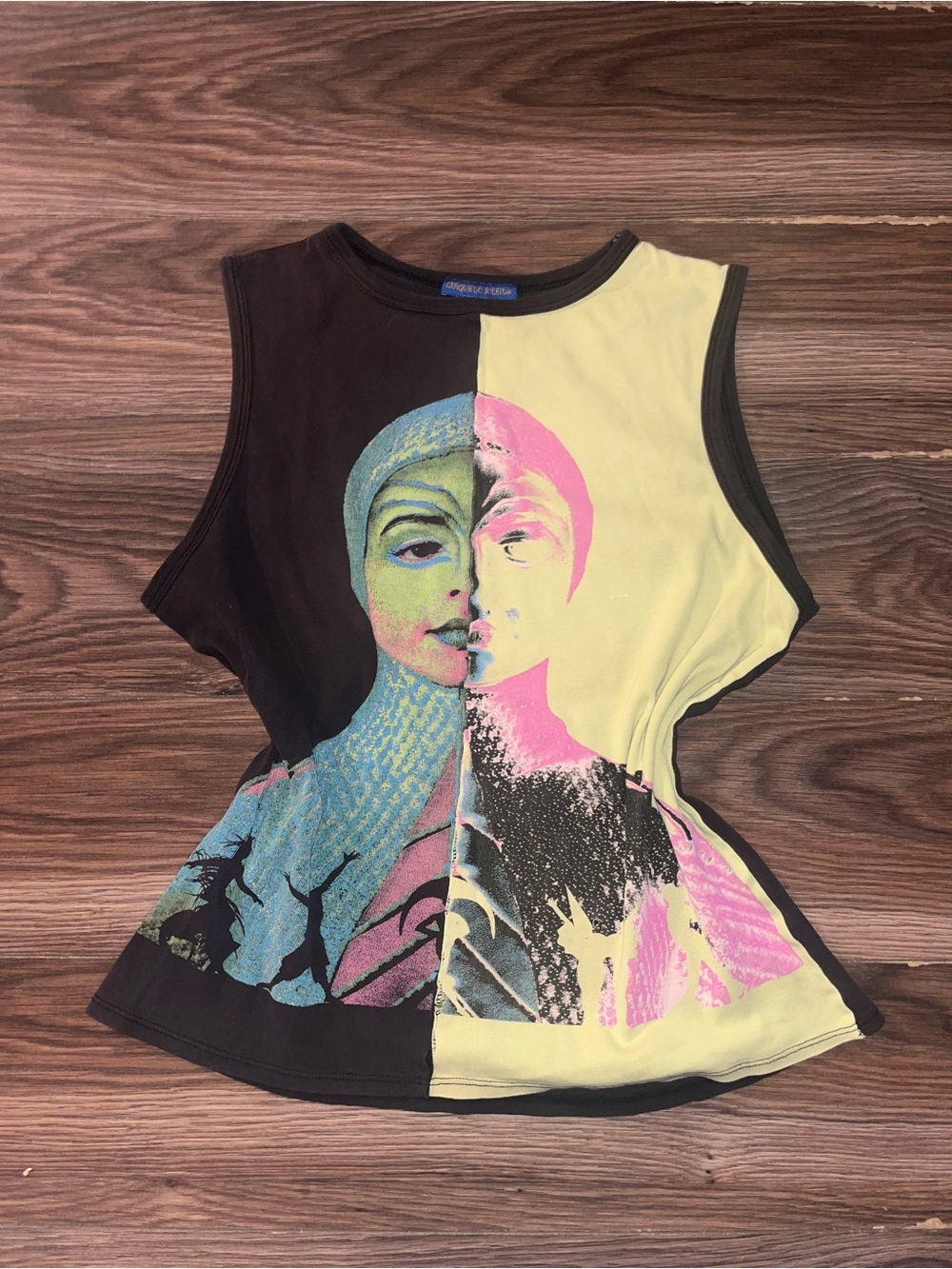 Split-Print Sleeveless Tank Top in Black & Yellow with Graphic Art